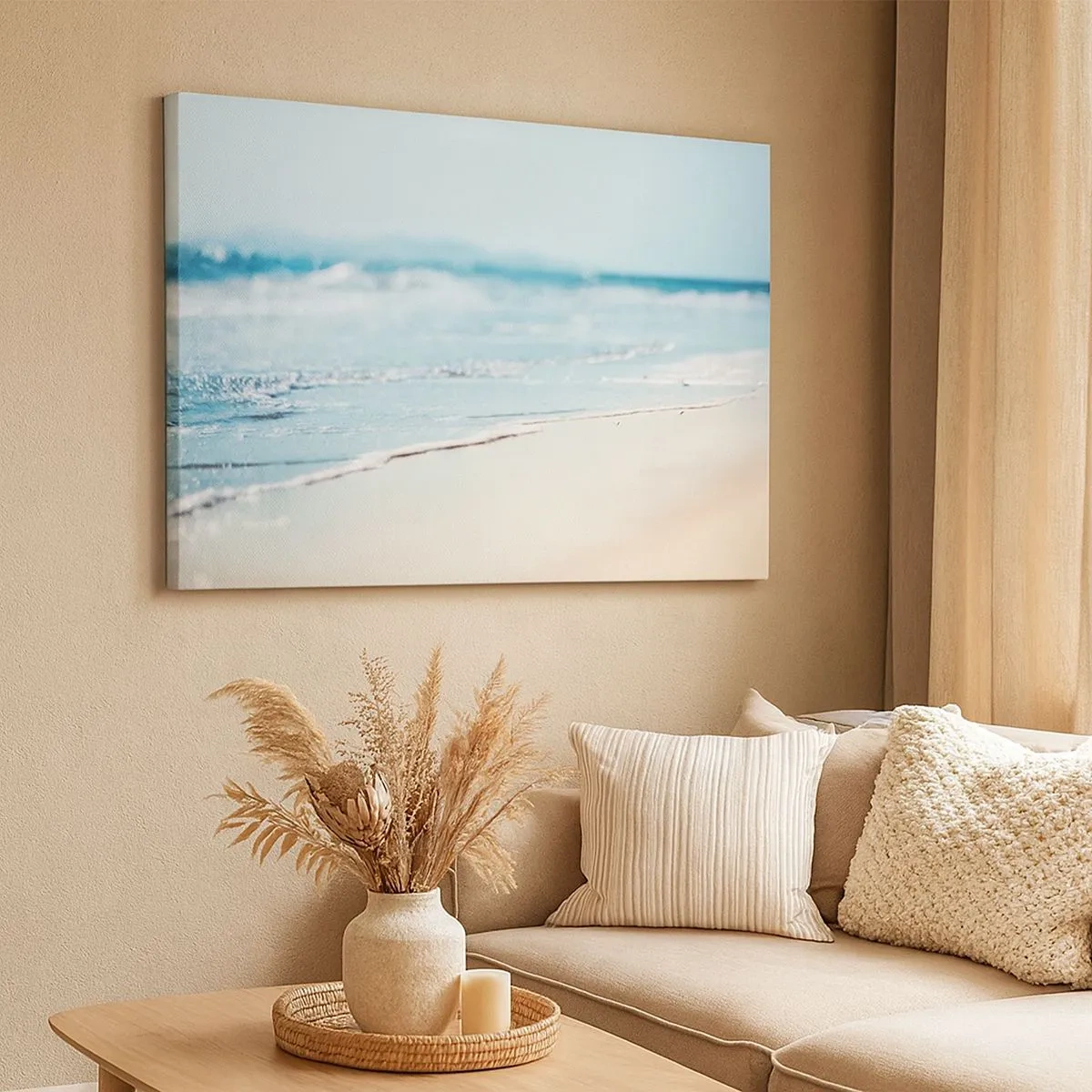 Quadro em tela - Ondas suaves do oceano em uma praia de areia - 70x50cm - Calor e ruído - Decoração de parede moderna para a sala de estar e quarto ARTTOR