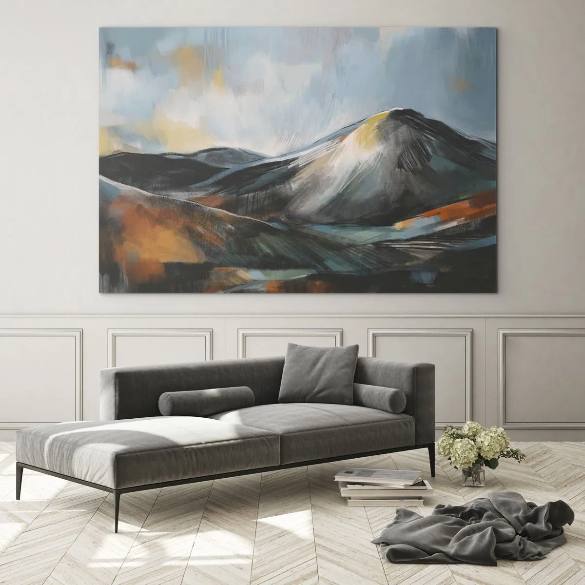 Quadro em vidro - Uma paisagem montanhosa pictórica em cores quentes e frias - 70x50cm - Cru e lindo - Decoração de parede moderna para a sala de estar e quarto ARTTOR