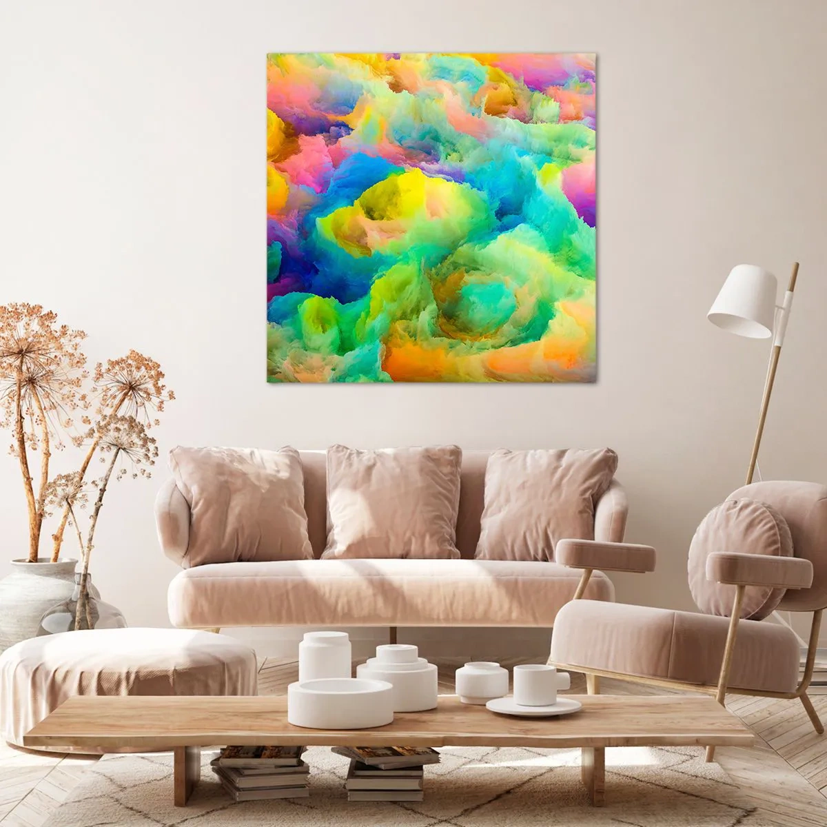 Quadro em tela - Penugem arco-íris - 30x30 cm