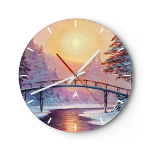 Relógio de parede - Relógio em vidro - Uma ponte sobre um rio ao pôr do sol em uma paisagem de inverno - 30x30cm - Quatro estações - inverno - Decoração de parede moderna para a sala de estar, cozinha e quarto ARTTOR