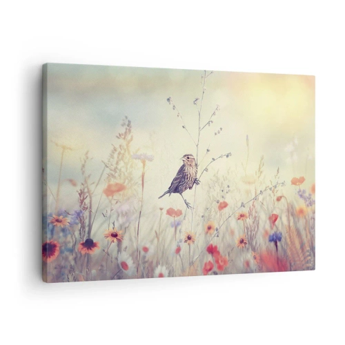 Quadro em tela - Um pássaro no fundo de um prado colorido em tons pastel - 70x50cm - Retrato de um pássaro com um prado no fundo - Decoração de parede moderna para a sala de estar e quarto ARTTOR