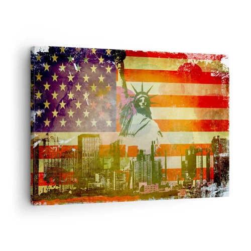Quadro em tela - A Estátua da Liberdade tendo como pano de fundo a bandeira americana e o horizonte da cidade - 70x50cm - Viva a América! - Decoração de parede moderna para a sala de estar e quarto ARTTOR