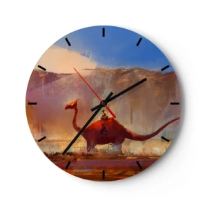 Relógio de parede - Relógio em vidro - Uma paisagem fantástica com um dinossauro tendo como pano de fundo as montanhas - 30x30cm - Se não estivessem extintos - Decoração de parede moderna para a sala de estar, cozinha e quarto ARTTOR