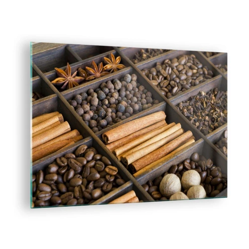 Quadro em vidro - Especiarias em compartimentos de madeira - 70x50cm - Um tesouro de aromas - Decoração de parede moderna para a sala de estar e quarto ARTTOR