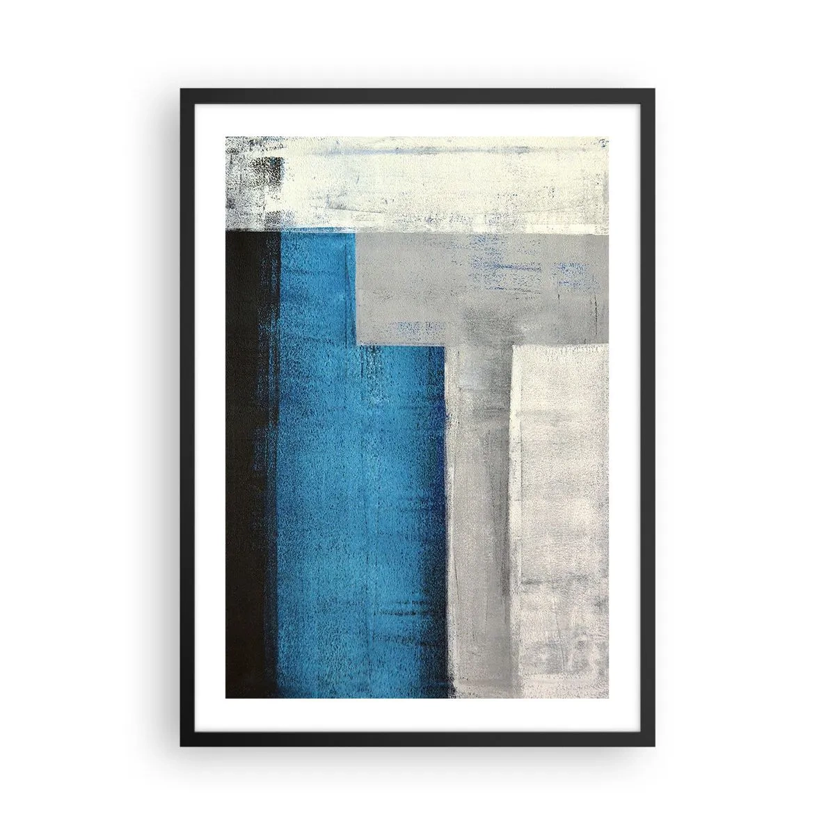 Pôster com moldura preta - Abstração geométrica em tons de azul e cinza - 50x70cm - Uma composição poética de cinza e azul - Decoração de parede moderna para a sala de estar e quarto ARTTOR