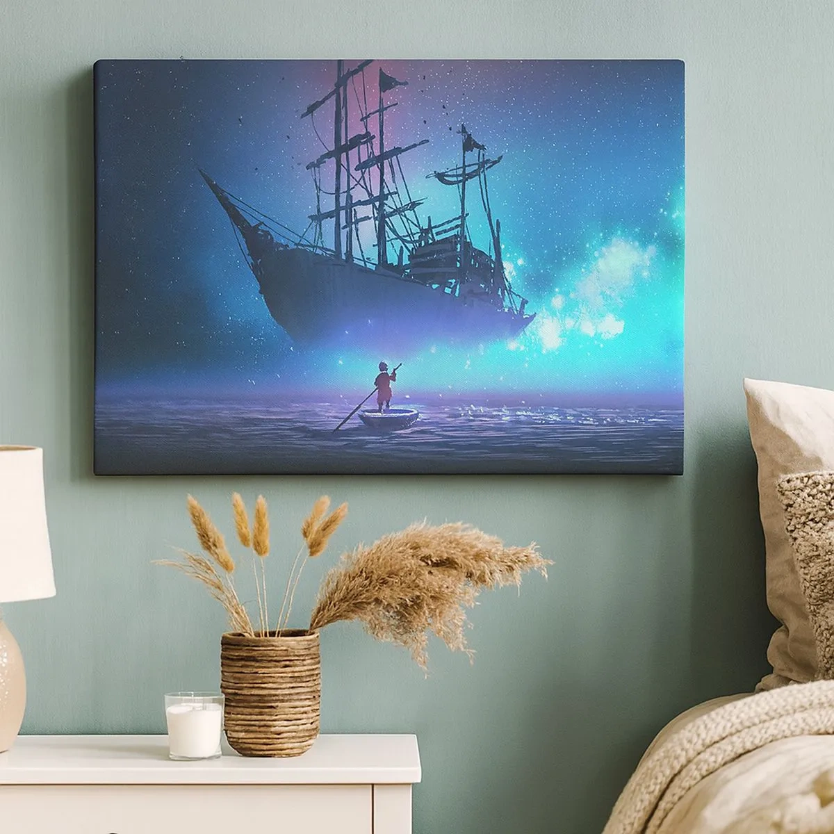 Quadro em tela - Um navio fantástico contra o céu estrelado - 70x50cm - Um encontro com o mito do mar - Decoração de parede moderna para a sala de estar e quarto ARTTOR