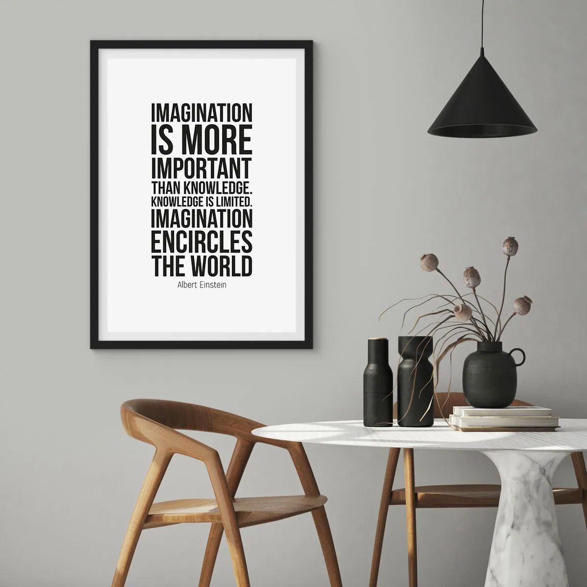 Pôster com moldura preta - Einstein sobre o poder da imaginação - 30x40 cm