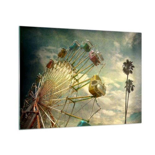 Quadro em vidro - Uma roda gigante contra o céu e palmeiras em estilo retrô - 70x50cm - Será divertido… - Decoração de parede moderna para a sala de estar e quarto ARTTOR