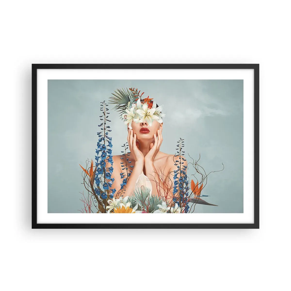 Pôster com moldura preta - Mulher – flor - 70x50 cm