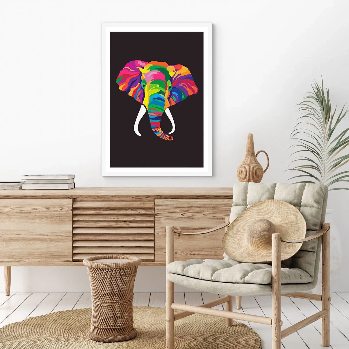 Pôster em moldura branca - O elefante que adorava banhar-se no arco-íris - 40x50 cm