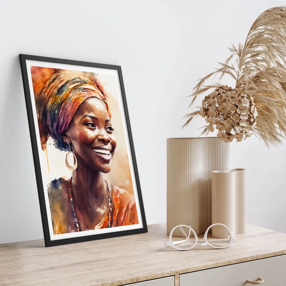 Pôster com moldura preta - Retrato de uma mulher sorridente com um turbante colorido - 50x70cm - Rainha africana - Decoração de parede moderna para a sala de estar e quarto ARTTOR