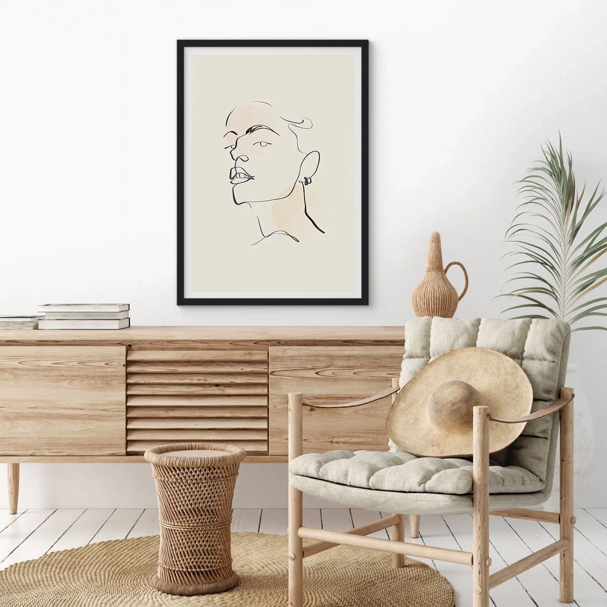 Pôster com moldura preta - Retrato minimalista de uma mulher em estilo de arte de linha - 50x70cm - Olhar orgulhoso - Decoração de parede moderna para a sala de estar e quarto ARTTOR