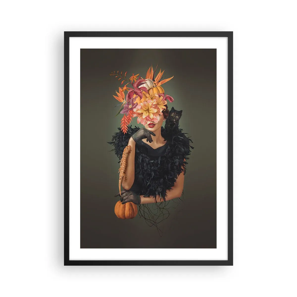 Pôster com moldura preta - Retrato artístico de uma mulher com flores, uma abóbora e um gato preto. - 50x70cm - O feitiço da bruxa - Decoração de parede moderna para a sala de estar e quarto ARTTOR