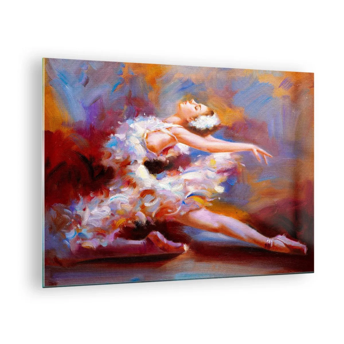 Quadro em vidro - Uma bailarina em pose dinâmica contra um fundo de cores abstratas. - 70x50cm - A graça do cisne - Decoração de parede moderna para a sala de estar e quarto ARTTOR