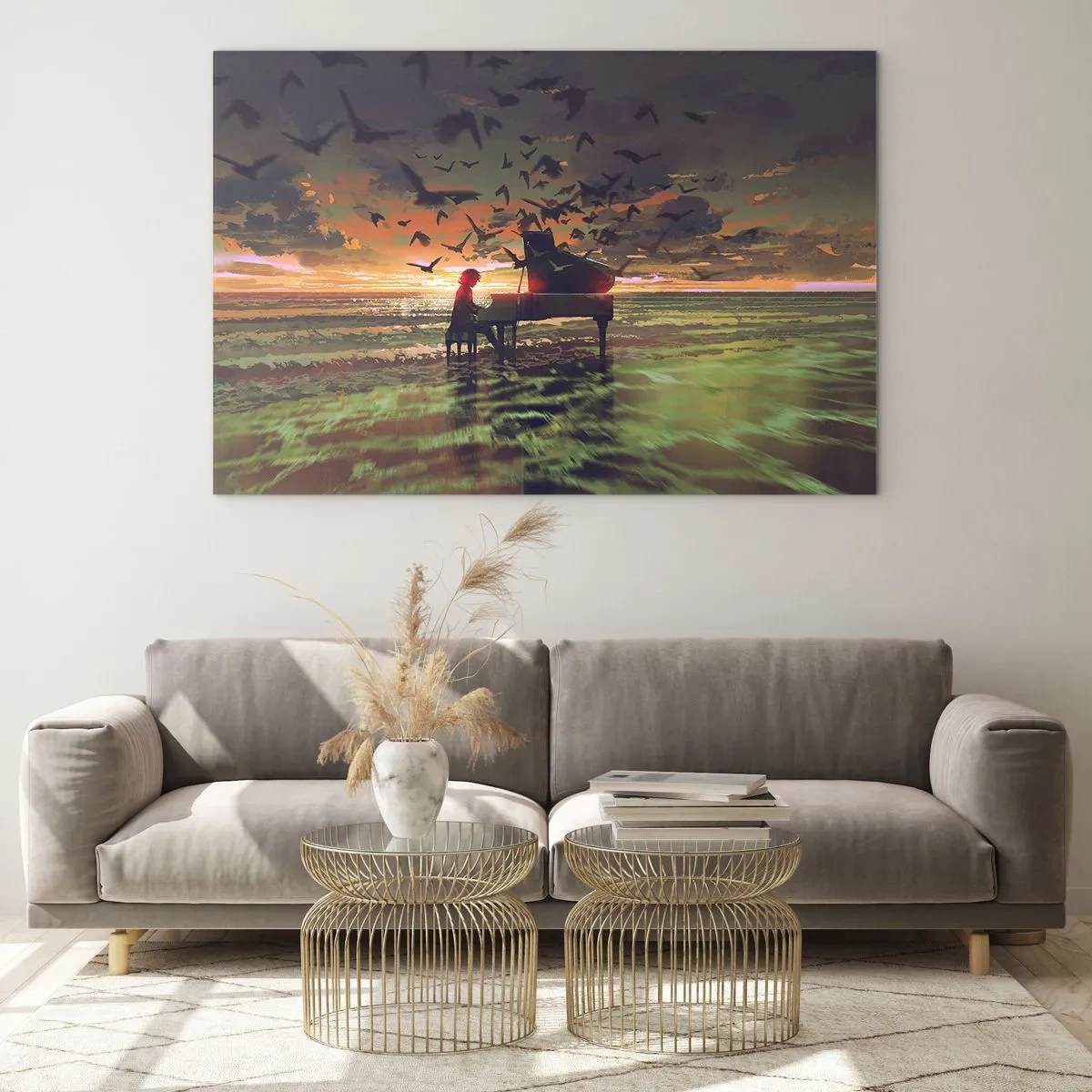 Quadro em vidro - Um concerto de piano e ondas - 120x80 cm