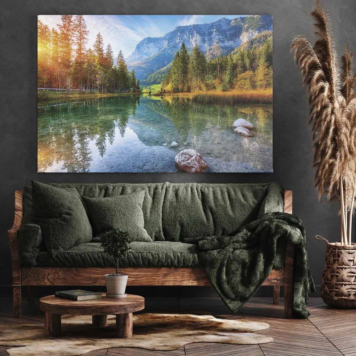 Quadro em tela - Um lago pitoresco cercado por montanhas e florestas - 70x50cm - A suavidade do outono - Decoração de parede moderna para a sala de estar e quarto ARTTOR
