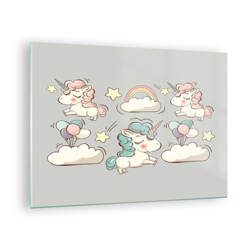 Quadro em vidro - Unicórnios fofos nas nuvens com um arco-íris e balões - 70x50cm - Certamente existem... - Decoração de parede moderna para a sala de estar e quarto ARTTOR