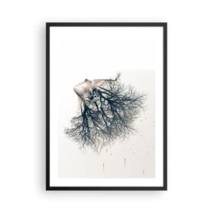 Pôster com moldura preta - Um rosto de mulher com galhos formando cabelos em um estilo surreal. - 50x70cm - Ouvir o sussurro da árvore - Decoração de parede moderna para a sala de estar e quarto ARTTOR