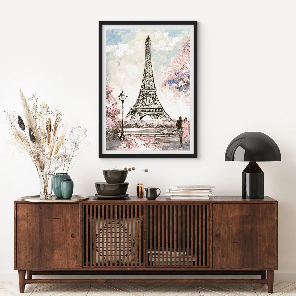 Pôster com moldura preta - A Torre Eiffel com uma paisagem romântica em tons pastel - 50x70cm - Caminhada de abril por Paris - Decoração de parede moderna para a sala de estar e quarto ARTTOR