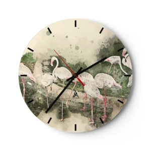 Relógio de parede - Relógio em vidro - Um bando de flamingos em um ambiente tropical tranquilo - 30x30cm - Sonho exótico - Decoração de parede moderna para a sala de estar, cozinha e quarto ARTTOR
