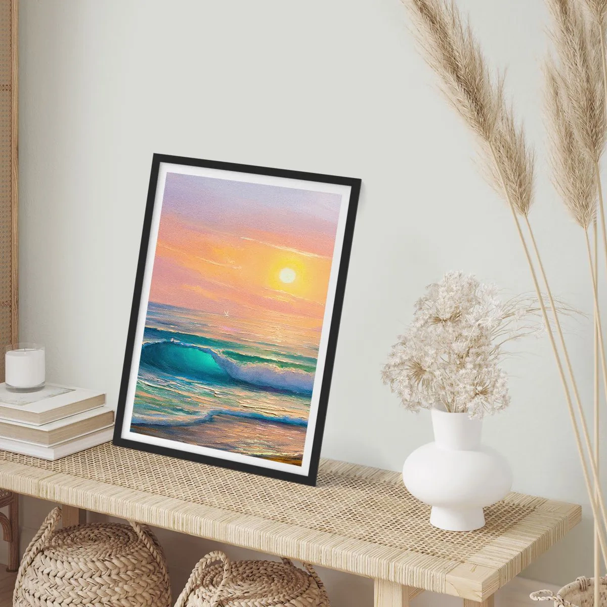 Pôster com moldura preta - Um pôr do sol ensolarado sobre um oceano calmo - 50x70cm - O canto turquesa das ondas - Decoração de parede moderna para a sala de estar e quarto ARTTOR