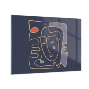 Quadro em vidro - Rosto abstrato em contorno sobre fundo azul marinho - 70x50cm - Nos pensamentos - Decoração de parede moderna para a sala de estar e quarto ARTTOR