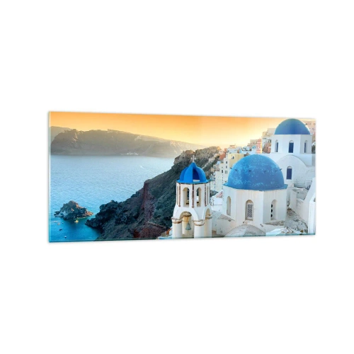 Quadro em vidro - Santorini - abraçada às rochas - 120x50 cm