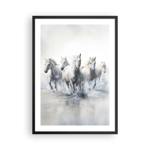 Pôster com moldura preta - Cavalos brancos galopando pela água em um ambiente dinâmico - 50x70cm - Magia branca - Decoração de parede moderna para a sala de estar e quarto ARTTOR