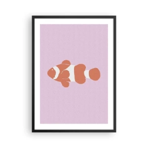 Pôster com moldura preta - Peixe-palhaço laranja em um fundo roxo - 50x70cm - Em coral no rosto e na cauda - Decoração de parede moderna para a sala de estar e quarto ARTTOR