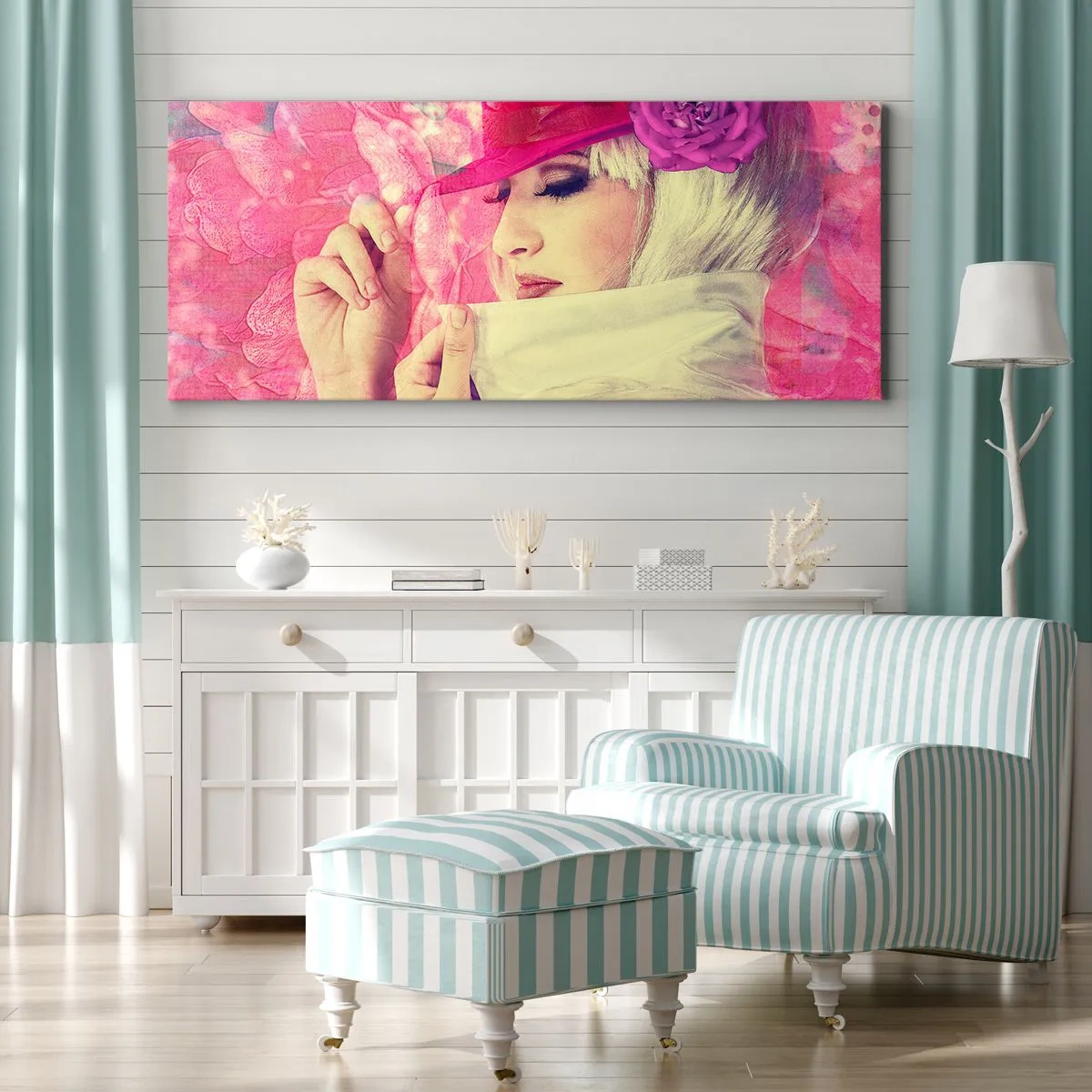Quadro em tela - Retrato retro em rosa - 100x40 cm