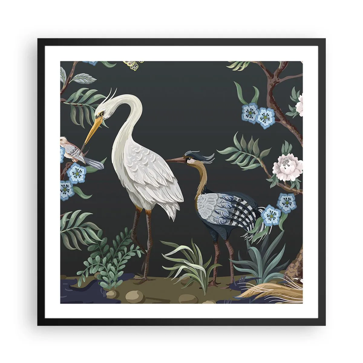 Pôster com moldura preta - Desfile de pássaros - 60x60 cm