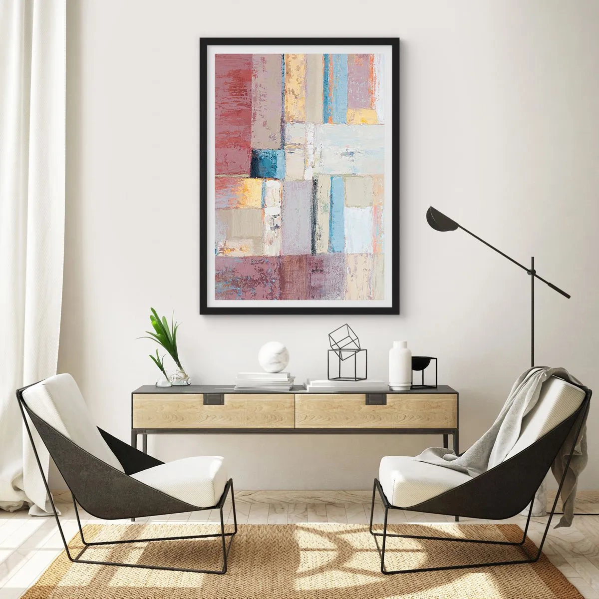 Pôster com moldura preta - Composição geométrica abstrata em cores pastel - 50x70cm - A paz da geometria - Decoração de parede moderna para a sala de estar e quarto ARTTOR