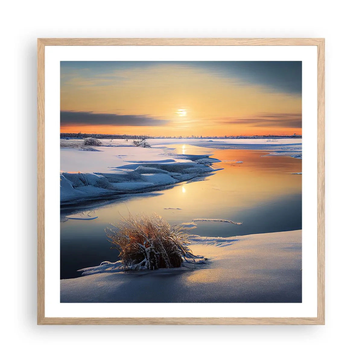 Pôster com moldura de carvalho claro - Pôr do sol de inverno - 60x60 cm
