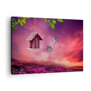 Quadro em tela - Uma paisagem pitoresca com uma casa de pássaros e um pôr do sol - 70x50cm - Convite para jantar - Decoração de parede moderna para a sala de estar e quarto ARTTOR