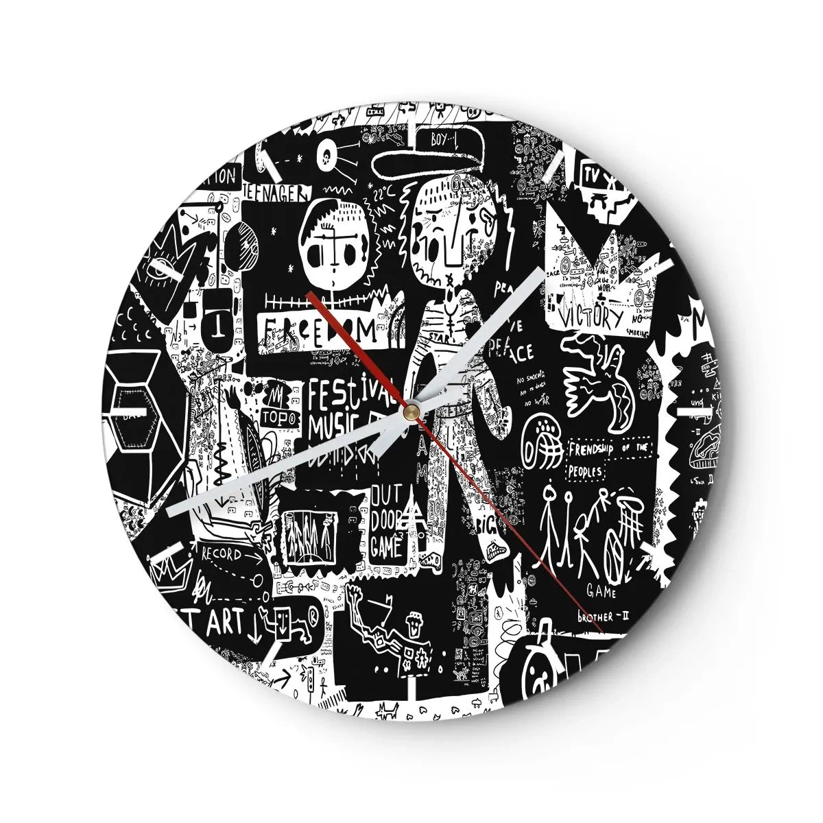 Relógio de parede - Relógio em vidro - Um mostrador de relógio com um motivo artístico dinâmico de rabiscos em preto e branco. - 30x30cm - O direito e a alegria da juventude espiritual