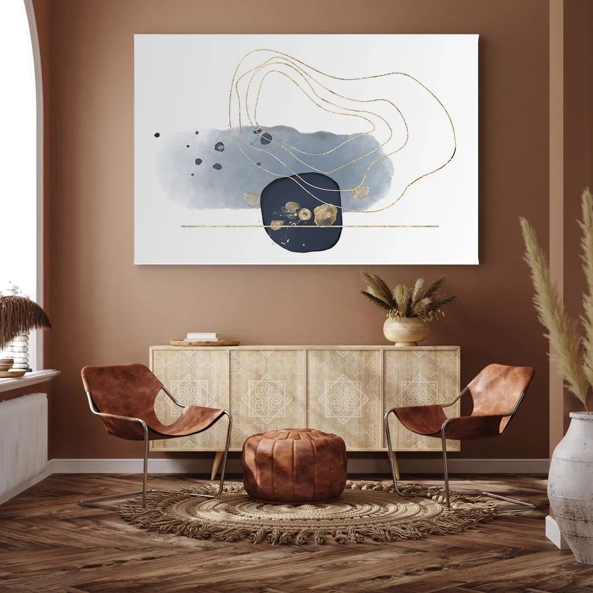 Quadro em tela - Abstração em tons de azul e dourado - 70x50cm - Fantasia azul e dourada - Decoração de parede moderna para a sala de estar e quarto ARTTOR