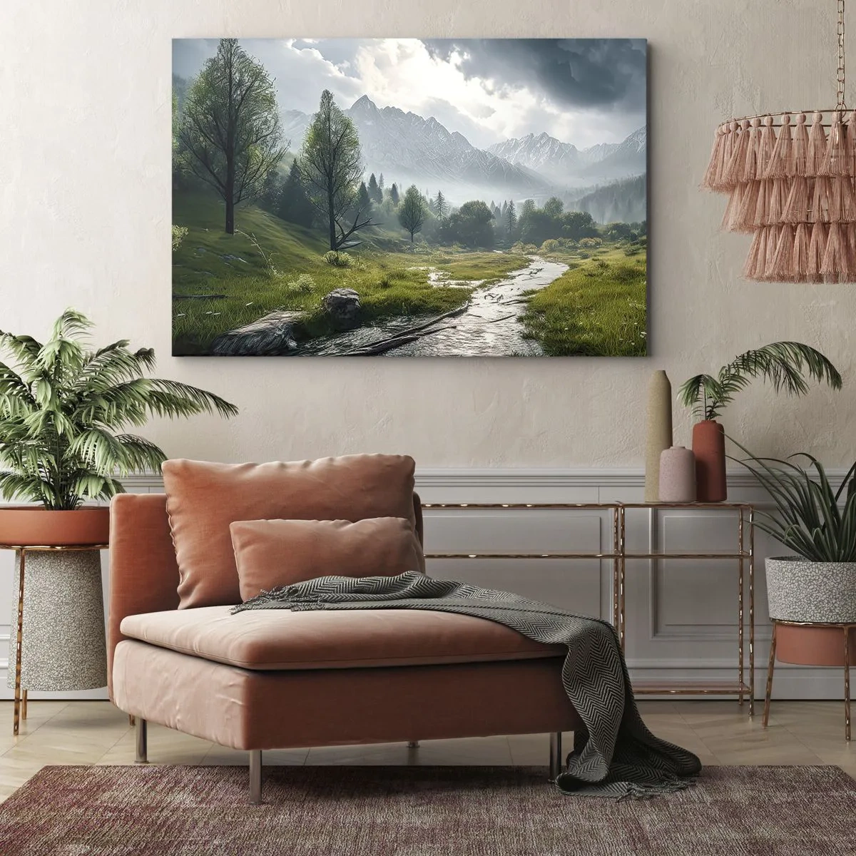 Quadro em tela - Uma paisagem montanhosa com um rio e árvores cercadas por montanhas enevoadas - 70x50cm - Ida e volta - Decoração de parede moderna para a sala de estar e quarto ARTTOR