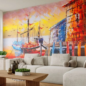 Papel de Parede Premium Sand - Feliz retorno - Paisagem, Porto dos Pescadores, Barcos - 400x280 cm