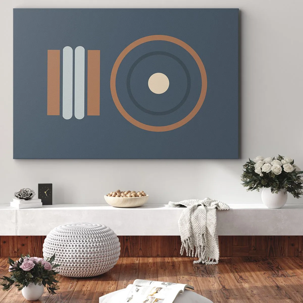 Quadro em tela - Uma composição geométrica com círculos e retângulos em cores suaves. - 70x50cm - A essência da questão - Decoração de parede moderna para a sala de estar e quarto ARTTOR