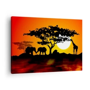 Quadro em tela - Pôr do sol africano com silhuetas de elefantes e girafas sobre a água - 70x50cm - Encontro na savana - Decoração de parede moderna para a sala de estar e quarto ARTTOR