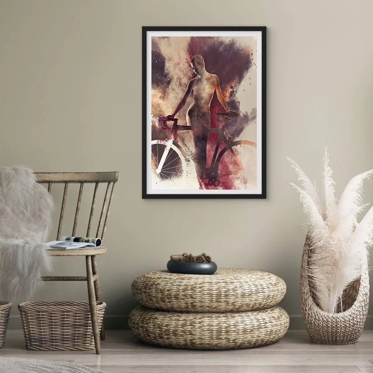 Pôster com moldura preta - Silhueta de uma mulher com uma bicicleta em um fundo artístico e esfumaçado - 50x70cm - Uma alma de bicicleta em formas de mármore - Decoração de parede moderna para a sala de estar e quarto ARTTOR