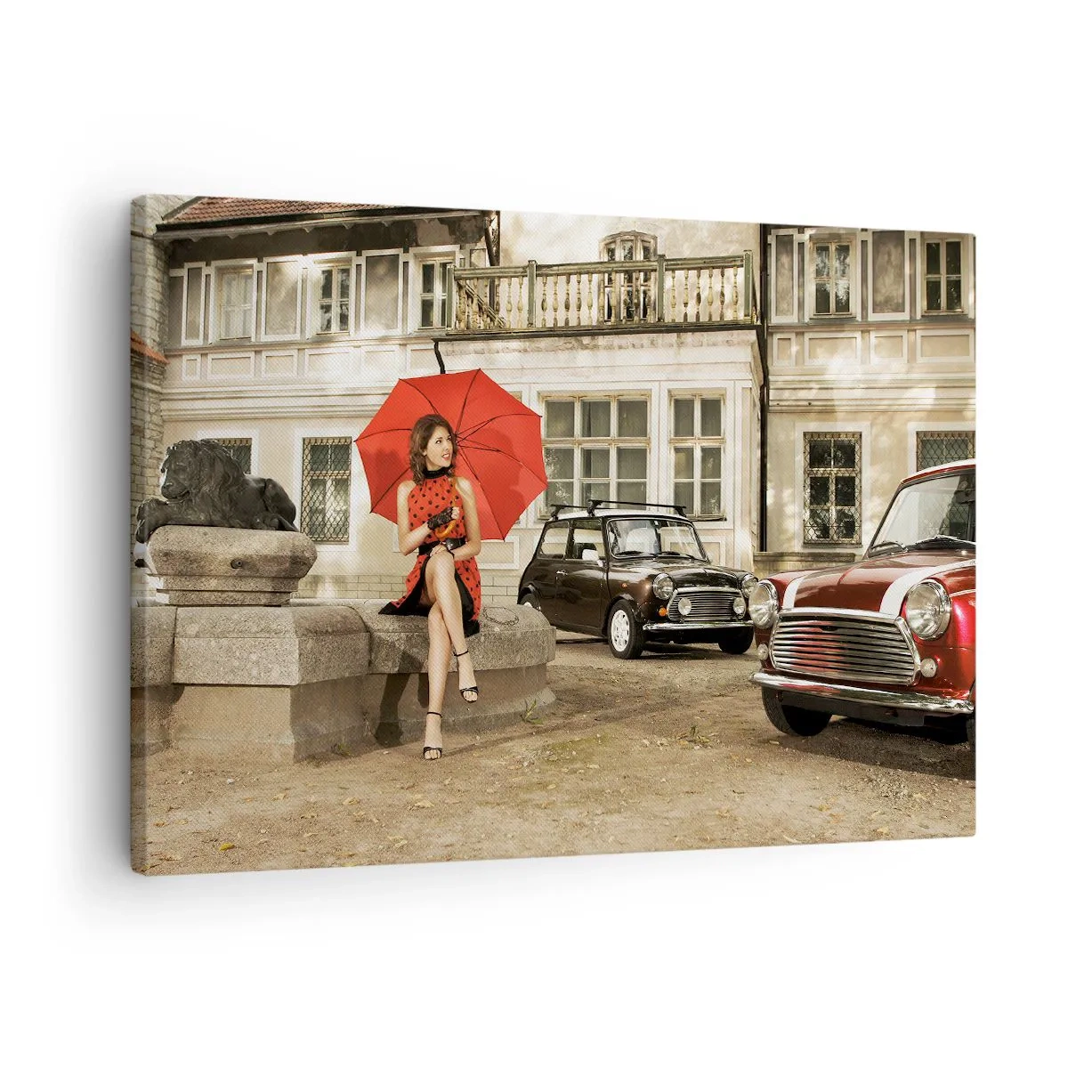 Quadro em tela - Mulher com guarda-chuva vermelho perto de carros clássicos - 70x50cm - Mini-viagem sentimental - Decoração de parede moderna para a sala de estar e quarto ARTTOR