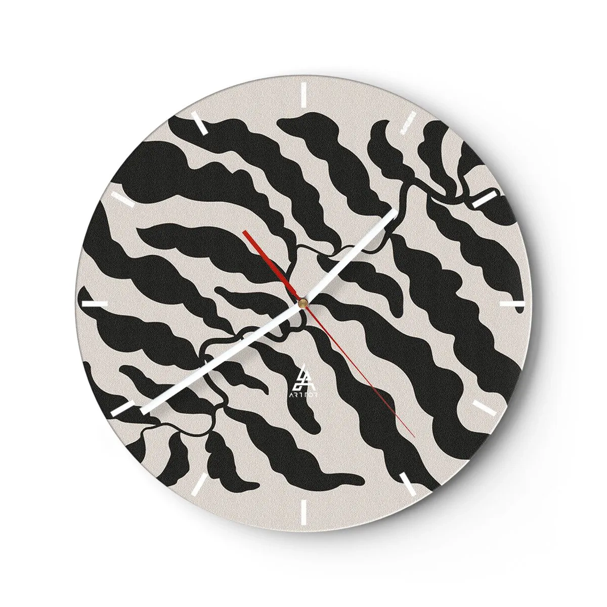 Relógio de parede - Relógio em vidro - Formas orgânicas pretas semelhantes a folhas em um fundo claro - 30x30cm - A natureza da praça - Decoração de parede moderna para a sala de estar, cozinha e quarto ARTTOR