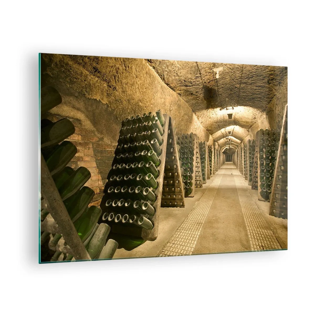 Quadro em vidro - Uma adega com garrafas de vinho envelhecendo em fileiras - 70x50cm - O nascimento do sabor - Decoração de parede moderna para a sala de estar e quarto ARTTOR