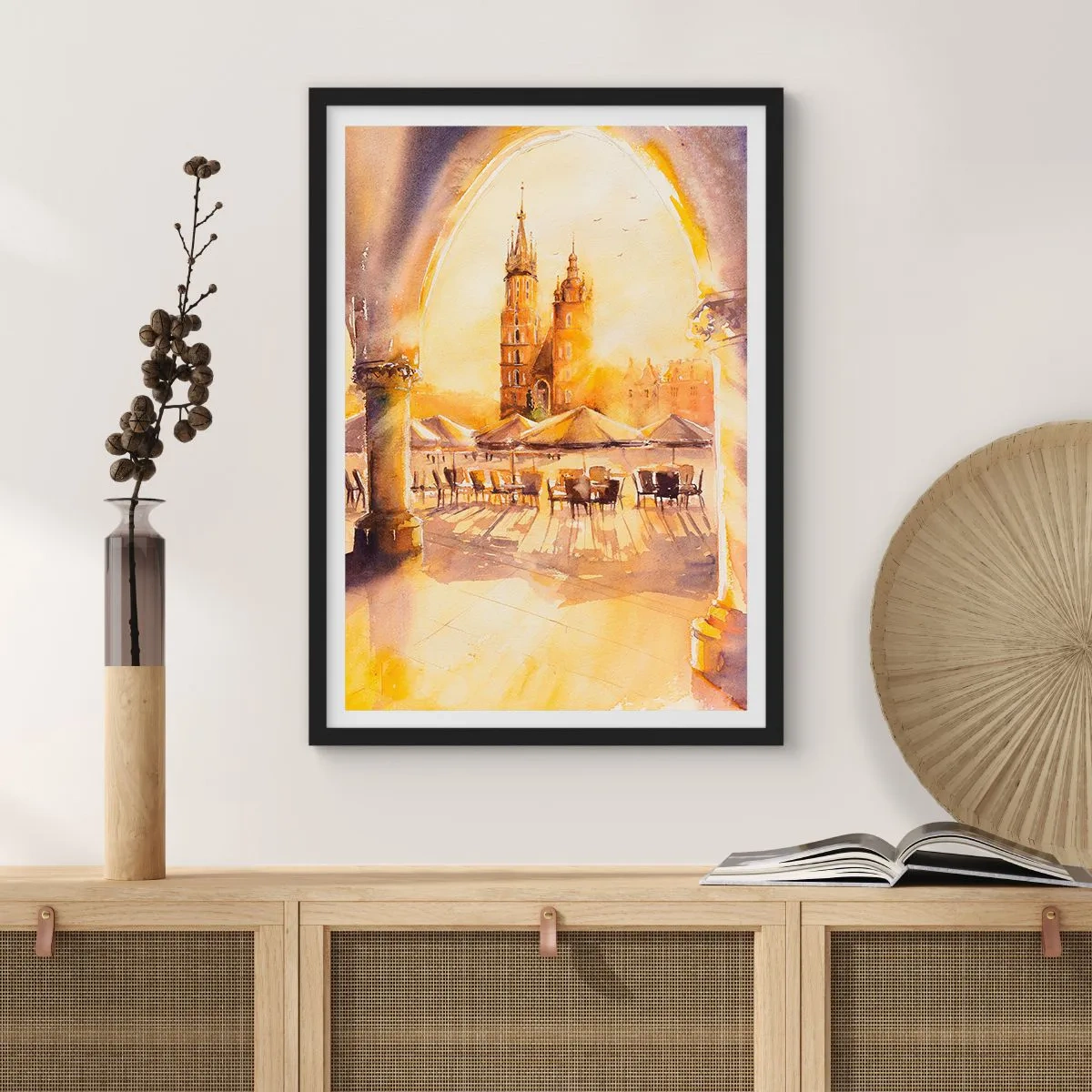Pôster com moldura preta - Uma aquarela representando a praça do mercado de Cracóvia ao pôr do sol. - 50x70cm - Pôr do sol na praça do mercado de Cracóvia - Decoração de parede moderna para a sala de estar e quarto ARTTOR