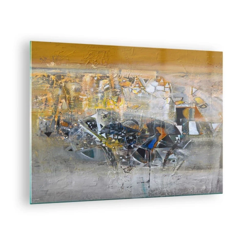Quadro em vidro - Abstração artística em ouro, prata e cinza - 70x50cm - Tudo vai se encaixar - Decoração de parede moderna para a sala de estar e quarto ARTTOR