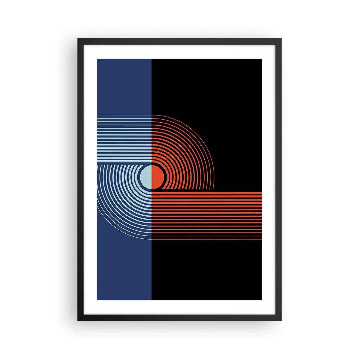 Pôster com moldura preta - Composição geométrica com linhas em azul marinho e laranja. - 50x70cm - Num abraço geométrico - Decoração de parede moderna para a sala de estar e quarto ARTTOR