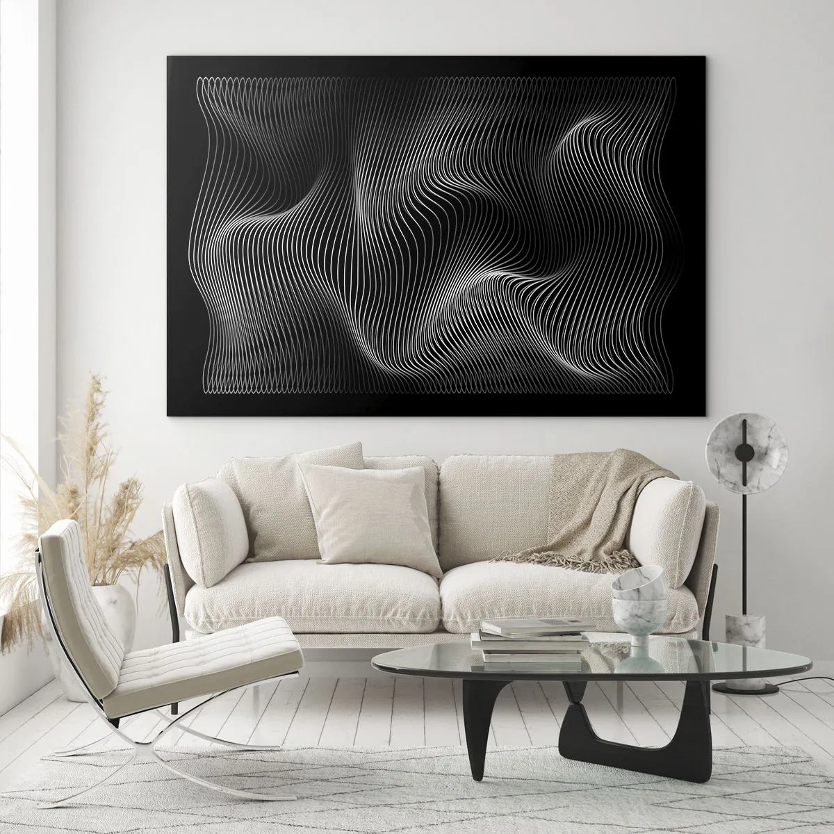 Quadro em vidro - Linhas brancas hipnotizantes ondulando contra um fundo preto - 70x50cm - Dança de luz no espaço - Decoração de parede moderna para a sala de estar e quarto ARTTOR