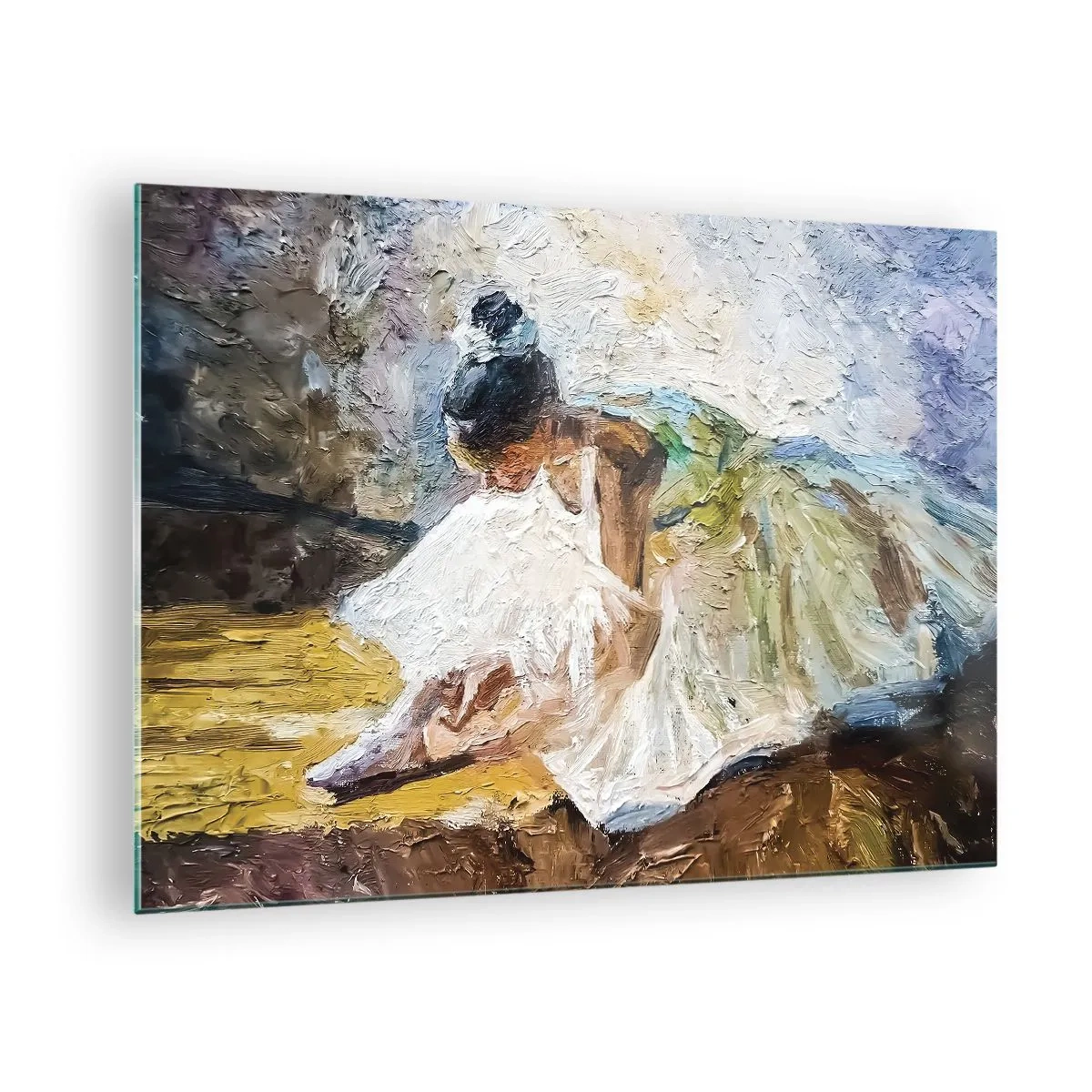 Quadro em vidro - Uma bailarina inclinada para a frente em um vestido branco pintado com textura de óleo - 70x50cm - Do quadro de Degas - Decoração de parede moderna para a sala de estar e quarto ARTTOR