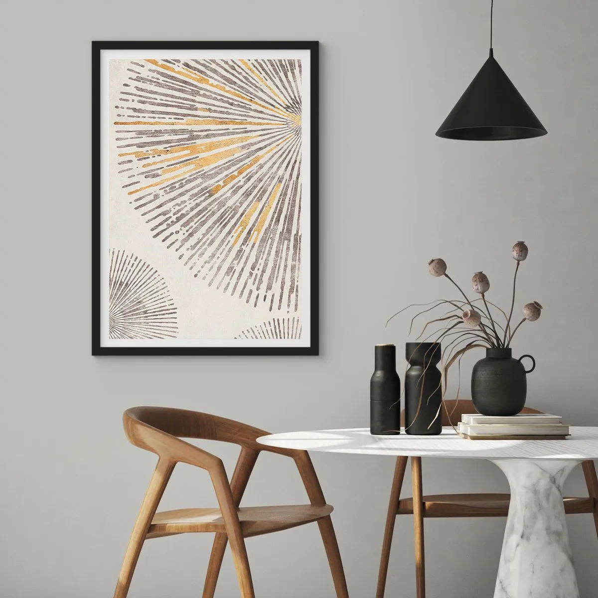 Pôster com moldura preta - Padrão de raios abstratos em tons de dourado e marrom - 50x70cm - A beleza do raio - Decoração de parede moderna para a sala de estar e quarto ARTTOR